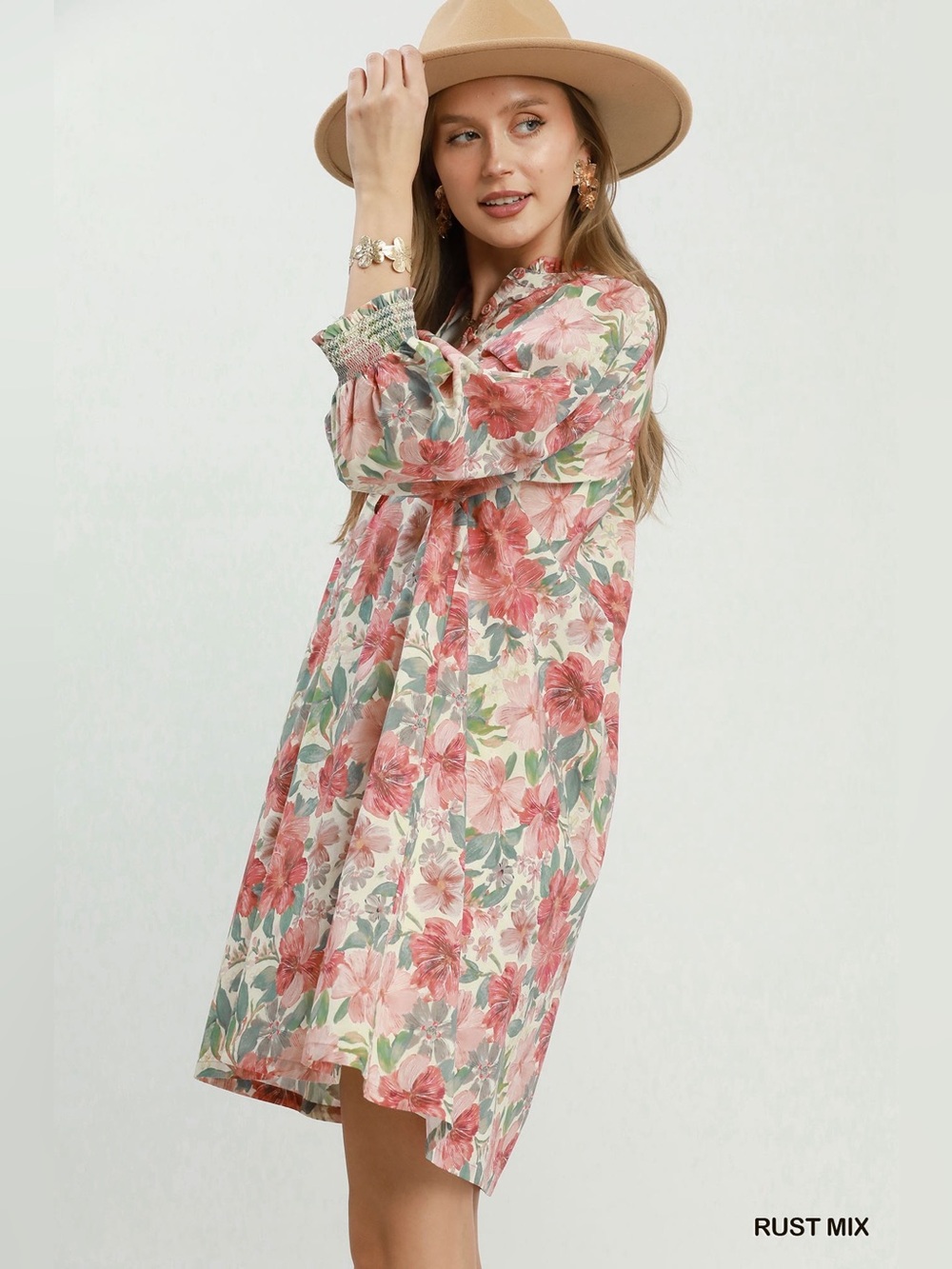 Umgee Mix Floral Print Smocked Cuff Mini Dress - Picture 2 of 7
